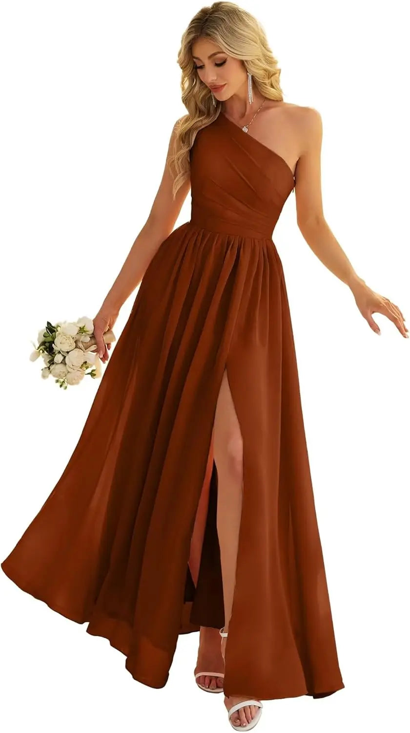 Women's One Shoulder Bridesmaid Dresses for Wedding Chiffon Side Split Reched Formal Evening Dress Sleeveless