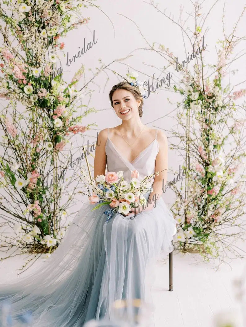 Vestidos de novia de tul con encaje, vestido de novia azul, vestido de novia sencillo, vestidos de noche de graduación, vestido formal, mujer elegante 