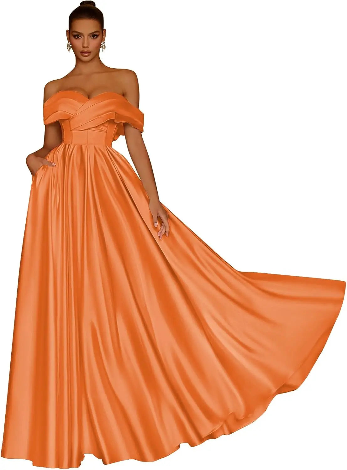 Damen Schulterfreies Satin-Ballkleid, lang, V-Ausschnitt, A-Linie, formelles Abendkleid mit Taschen, Ballkleid 