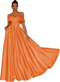 Damen Schulterfreies Satin-Ballkleid, lang, V-Ausschnitt, A-Linie, formelles Abendkleid mit Taschen, Ballkleid 