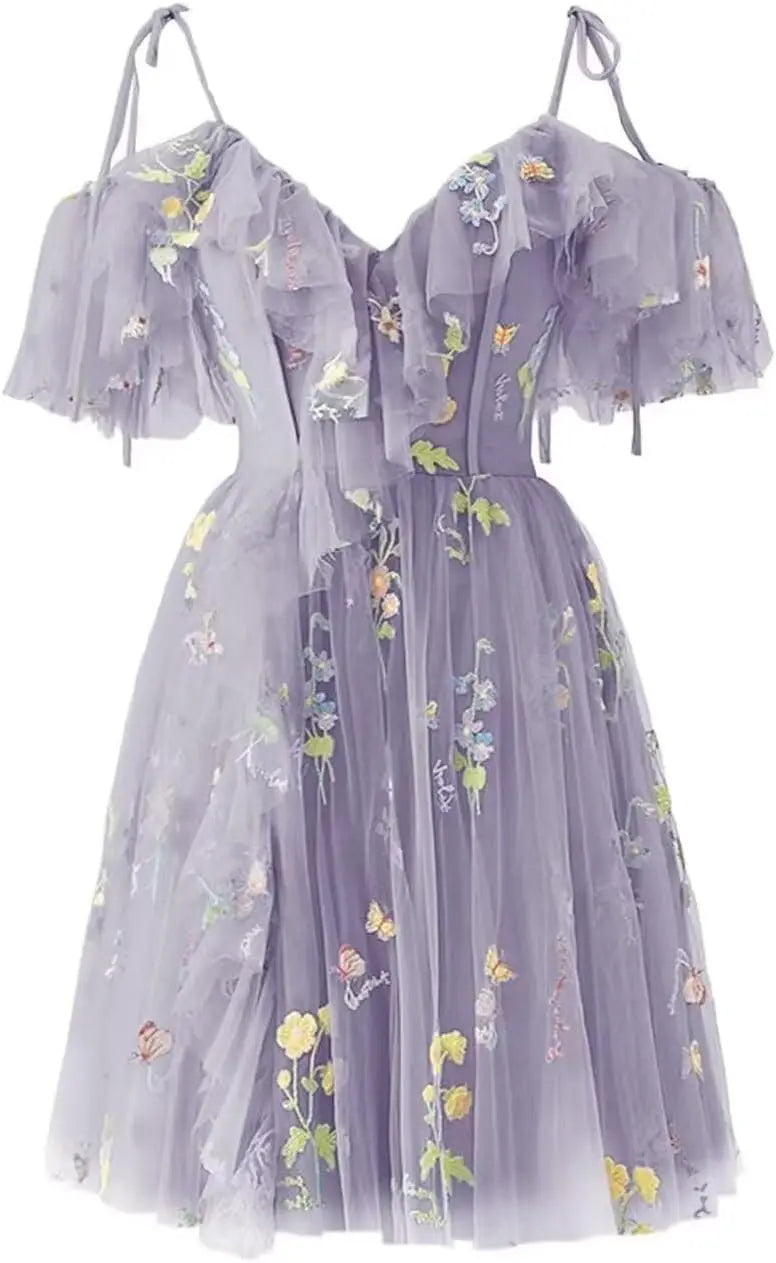Flower Embroidery Tulle Short Homecoming Dresses for Teens 2026 Mini Spaghetti Straps Formal Prom Party Gown Junior Bridesmaid