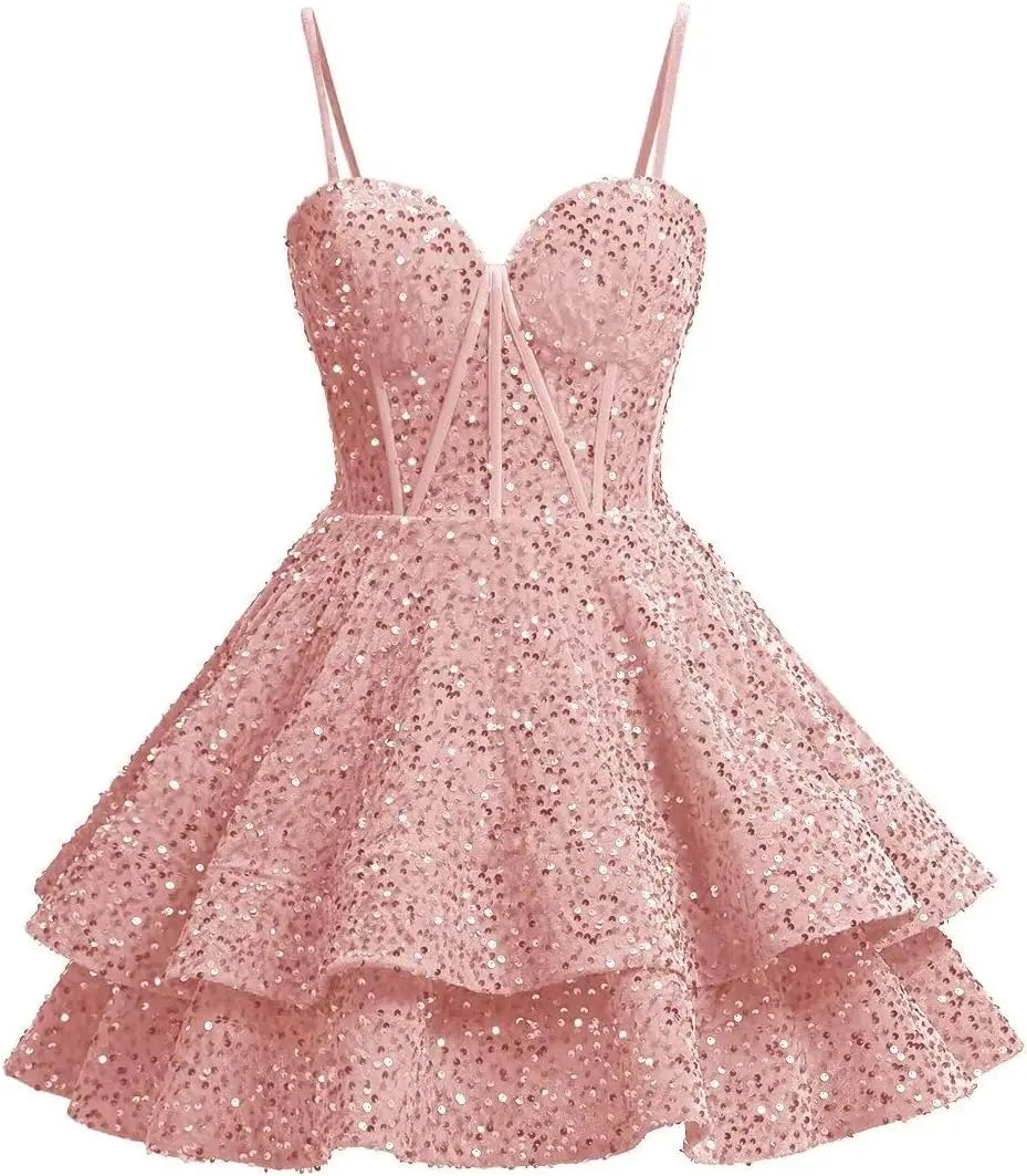Vestidos de fiesta de graduación con lentejuelas brillantes para adolescentes, tirantes finos, corsé, vestido de cóctel con capas brillantes 