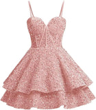 Vestidos de fiesta de graduación con lentejuelas brillantes para adolescentes, tirantes finos, corsé, vestido de cóctel con capas brillantes 