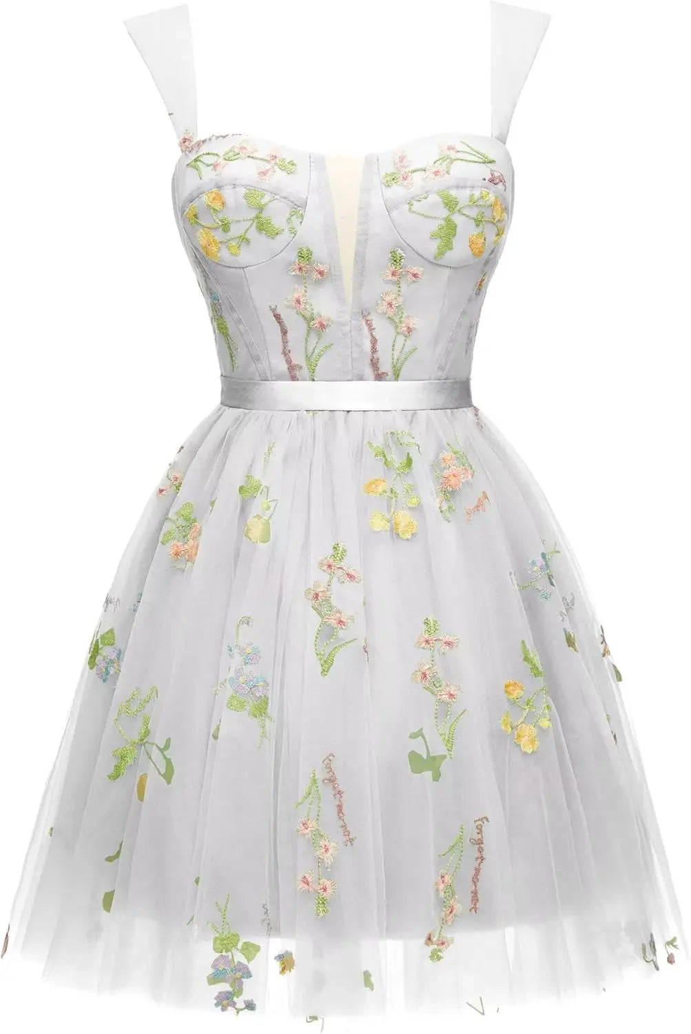 Vestidos cortos de fiesta para adolescentes con bordado de flores, tul, tirantes finos, largo hasta la rodilla, con margaritas y estampado floral. 