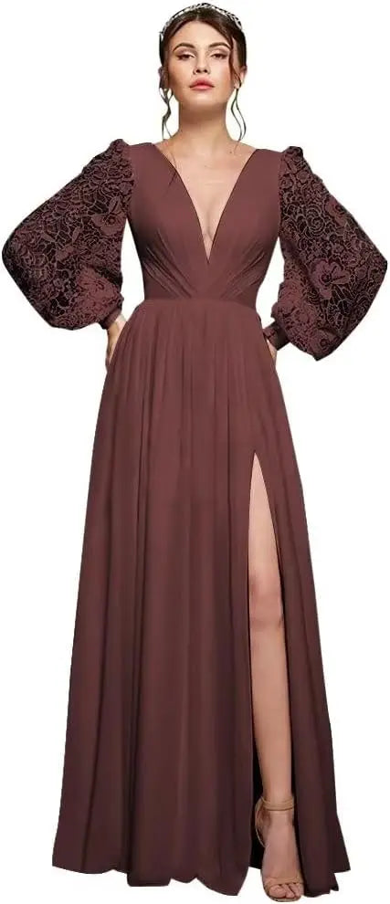 Langärmliges Brautjungfernkleid, Chiffon, Ballkleid, langes Hochzeitskleid mit Spitzenapplikation, V-Ausschnitt, formelle Kleider mit Schlitz 