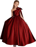 One-Shoulder-Satin-Blumenmädchenkleider, lange Festzugskleider für Mädchen, Ballkleid mit Schleife, Prinzessinnenkleid, Partykleider