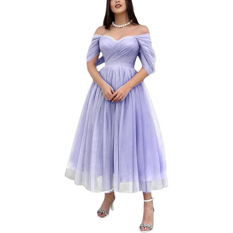 Tulle Sweetheart A-line Evening Dresses Off the Shoulder Tea-Length Formal Dress With Pleats & Bow Elegant Lace Up Prom Gowns