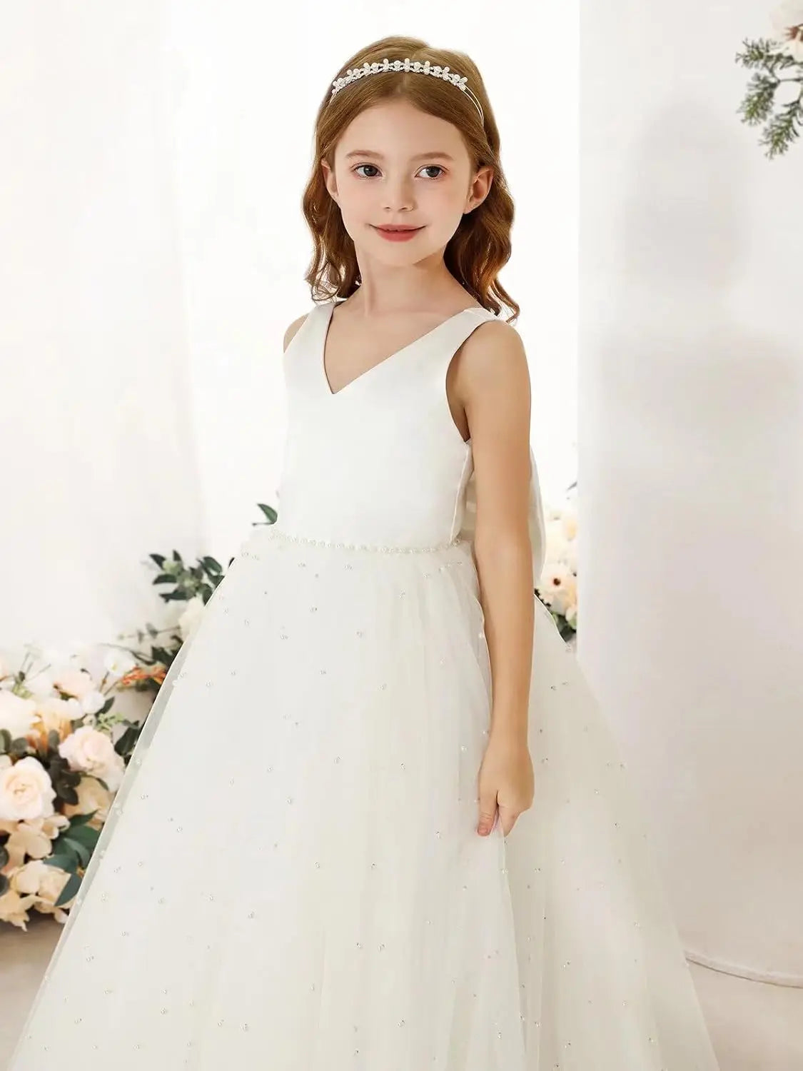 Elegant Flower Girl Dress Satin Tulle Princess Pageant Dresses for Girls Pearl Beads Wedding Maxi Gown girls party dress