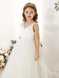 Elegant Flower Girl Dress Satin Tulle Princess Pageant Dresses for Girls Pearl Beads Wedding Maxi Gown girls party dress