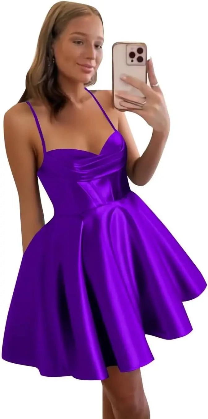 Spaghetti Straps Satin Homecoming Dresses for Women Short Halter Formal Prom Dresses with Pockets Graduation Mini Dress
