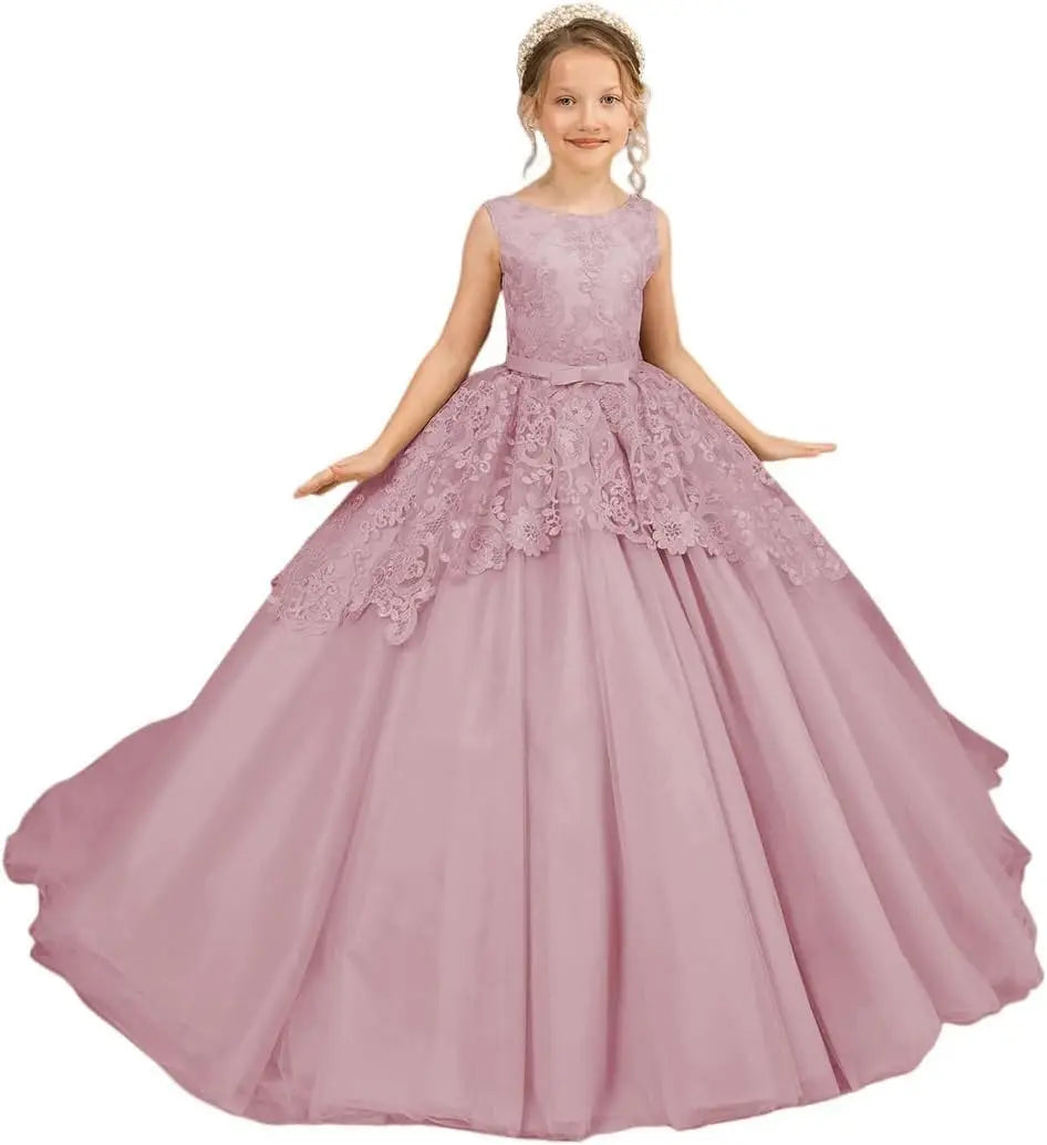 Tüll-Blumenmädchenkleid für Hochzeit, Spitzenapplikationen, bestickt, Prinzessin, Kinderfestzug, Geburtstagsparty, Festzugskleider für Mädchen 