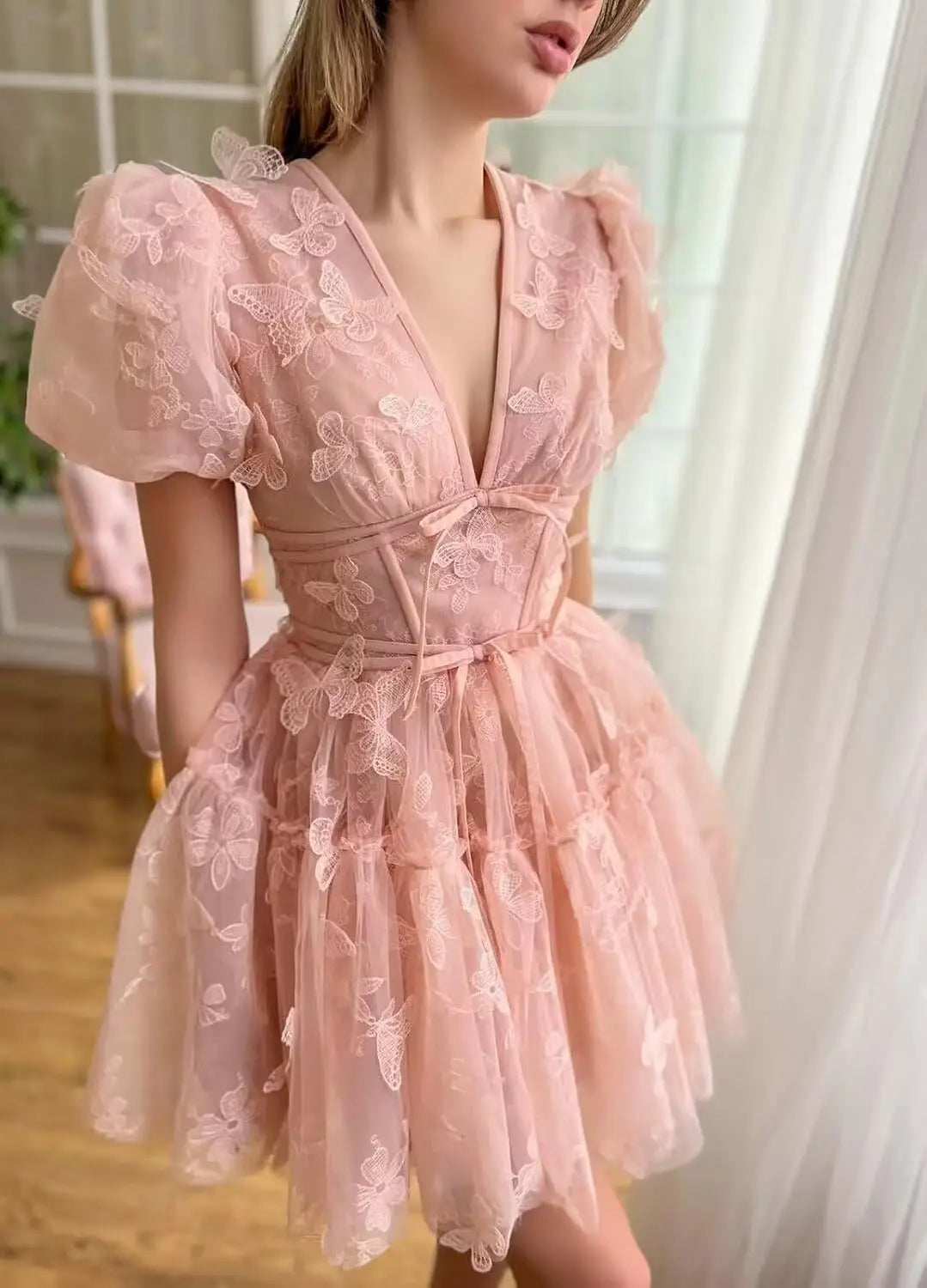 3D Butterfly Tulle Homecoming Dresses for Teens A-Line Short Sleeve Prom Cocktail Dress with Butterfly Appliques