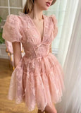 3D Butterfly Tulle Homecoming Dresses for Teens A-Line Short Sleeve Prom Cocktail Dress with Butterfly Appliques