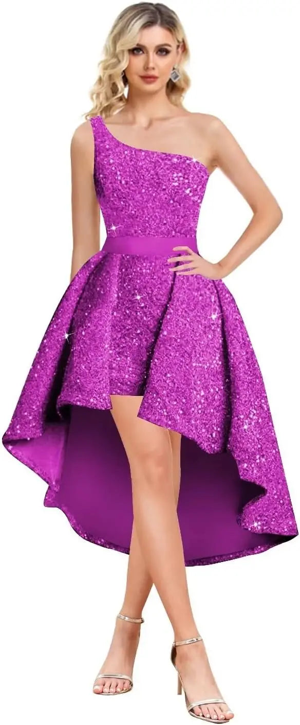 High Low One Shoulder Sequin Homecoming Dresses Short Prom Dresses Sparkly A Line Cocktail Midi Dress graduation dress