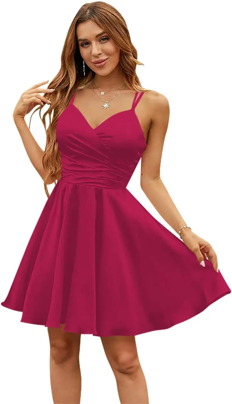 Vestidos de satén con escote en V para adolescentes, vestidos cortos de fiesta de graduación, tirantes finos, vestidos de cóctel con bolsillos, vestidos de dama de honor 