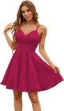 Vestidos de satén con escote en V para adolescentes, vestidos cortos de fiesta de graduación, tirantes finos, vestidos de cóctel con bolsillos, vestidos de dama de honor 