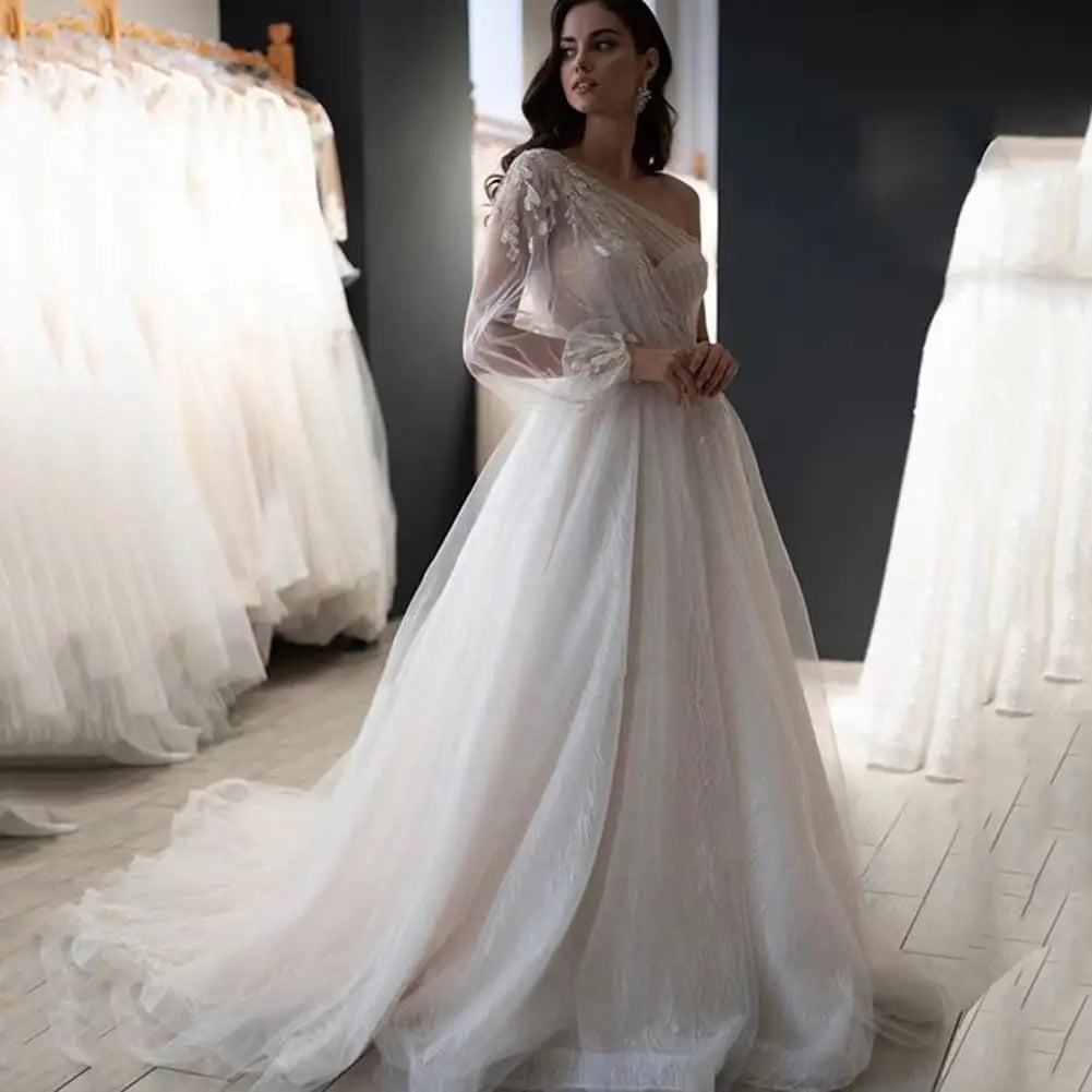 One Shoulder Appliques Tulle Prom Dresses Glitter Ball Gown Wedding Dress Princess Formal Gown