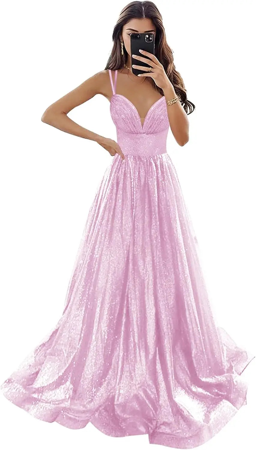 Vestido de fiesta de tul brillante con bolsillos, tirantes finos, corsé fruncido, largo, formal, para noche, vestidos de fiesta para mujer, noche 