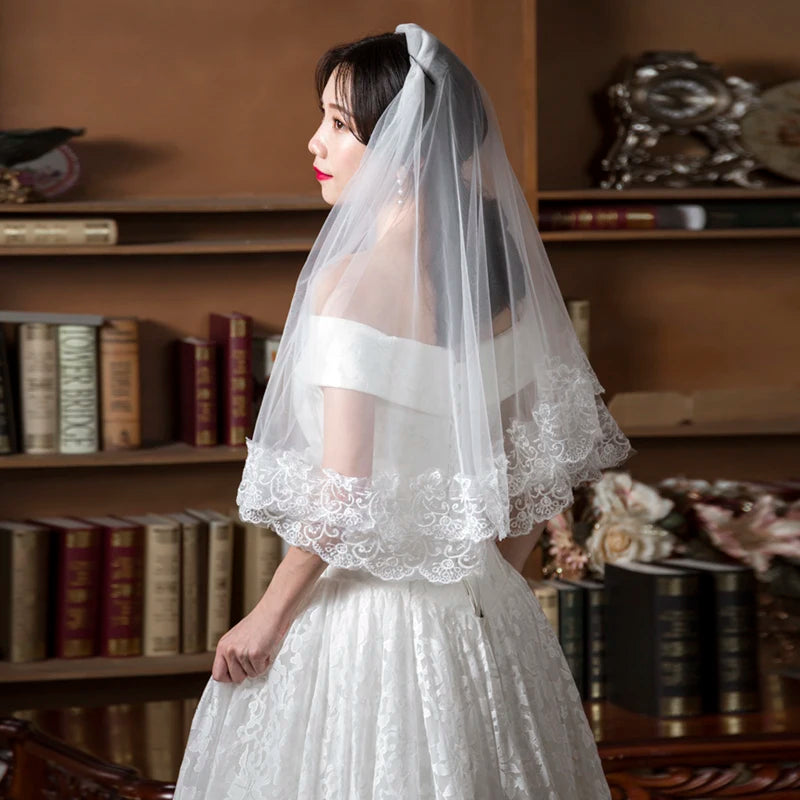 White Ivory Red Black Bridal Veil Lace Short Elbow Wedding Tulle Appliques Embroidery Edge Long Cathedral Bride Veils 1.4M 265cm
