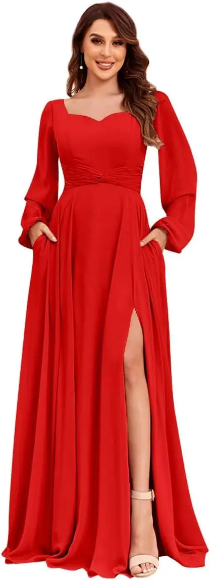 Damen Langarm Brautjungfernkleider mit Taschen Split Plissee Chiffon Formales Abendkleid Partykleid formelles Kleid Frauen elegant 