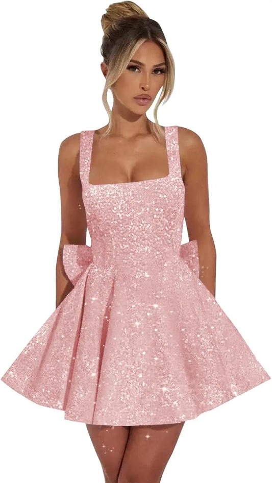 Vestidos de fiesta de graduación con lentejuelas brillantes para adolescentes, con lazo, cortos y abullonados.