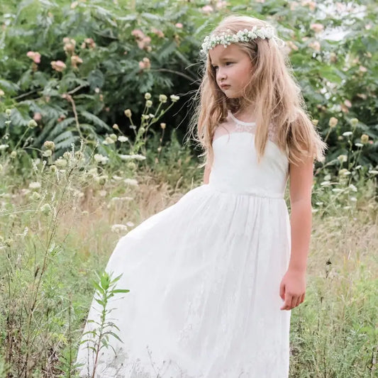 Flower Girl Dress ivory dress toddler Lace with Bows Dresses White Tulle Gowns Kids First Communion Gowns Backless with Bows