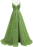 Tüll-Spitzen-Applikationen, Ballkleid, langes Ballkleid für Damen, Spaghettiträger, Korsett, rückenfreies Abendkleid 