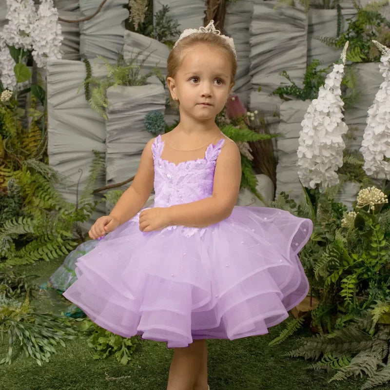 Vestidos de tul rosa claro con estampado floral escalonado sin mangas para bodas, fiestas de cumpleaños, primera comunión, vestidos para niñas de las flores 