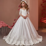 Vestido elegante de primera comunión para fiesta de cumpleaños, largo hasta el suelo, color blanco, para niña de las flores, para desfile de bodas, con apliques de satén, 2026 