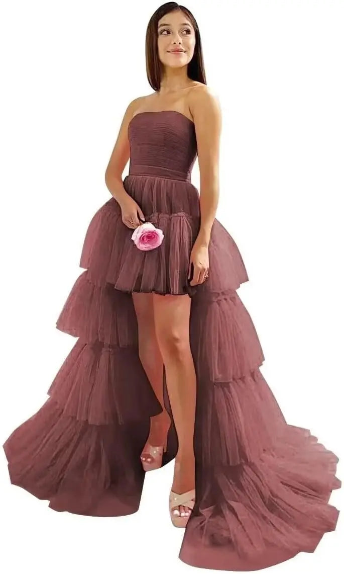 High Low Tüll Ballkleider Lange trägerlose gestufte Abendkleider A-Linie Abendkleid mit Schleppe Partykleider Damen Abend 
