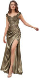 Elegant Satin Prom Dresses for Women Long 2025 3D Flower Lace Applique Off Shoulder Formal Evening Wedding Party Gown with Slit