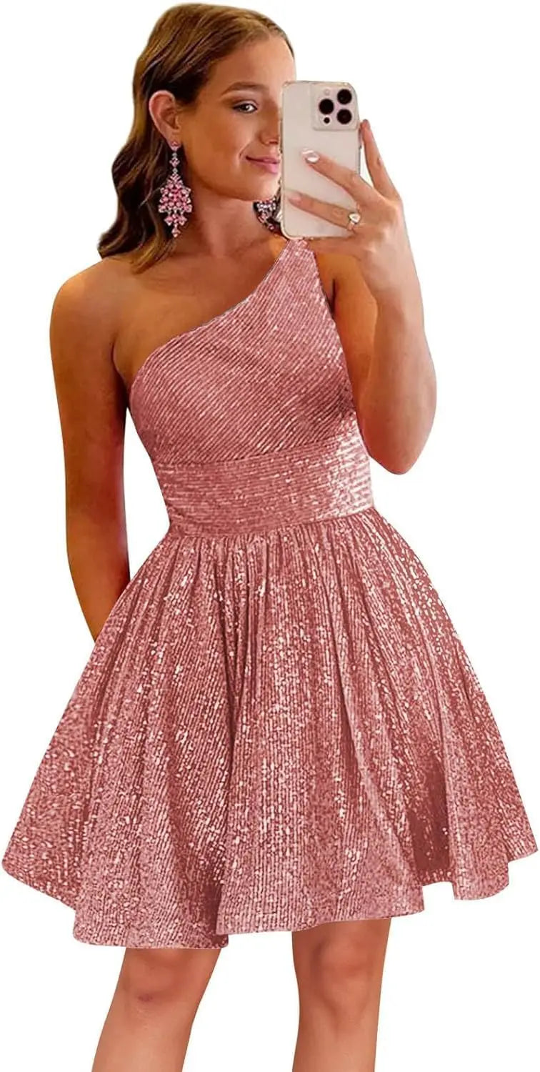 Vestido de fiesta corto con lentejuelas y un hombro brillante para mujeres y niñas. 