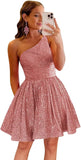 Vestido de fiesta corto con lentejuelas y un hombro brillante para mujeres y niñas. 