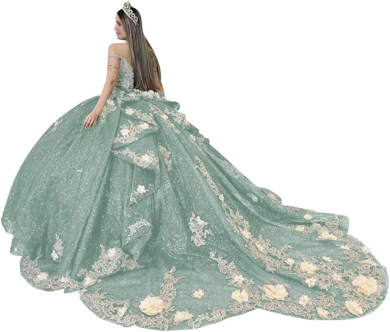 Gold Appliques Quinceanera Dresses with Train Spaghetti Strap Lace Sweet 16 Dresses Layered Ruffles Beaded Ball Gown