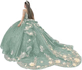 Gold Appliques Quinceanera Dresses with Train Spaghetti Strap Lace Sweet 16 Dresses Layered Ruffles Beaded Ball Gown