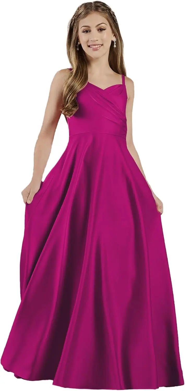 Mädchen Träger Junior Brautjungfer Kleid für Hochzeit Satin Festzug Blumenmädchen Kleider Festzug für Teenager Prinzessin Kleid 