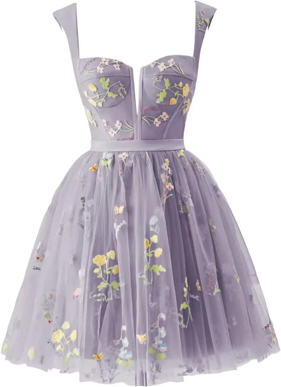 Flower Embroidery Short Tulle Homecoming Dresses for Teens Corset Mini Prom Dress Fairy Formal Party Gown Junior Bridesmaid Gown
