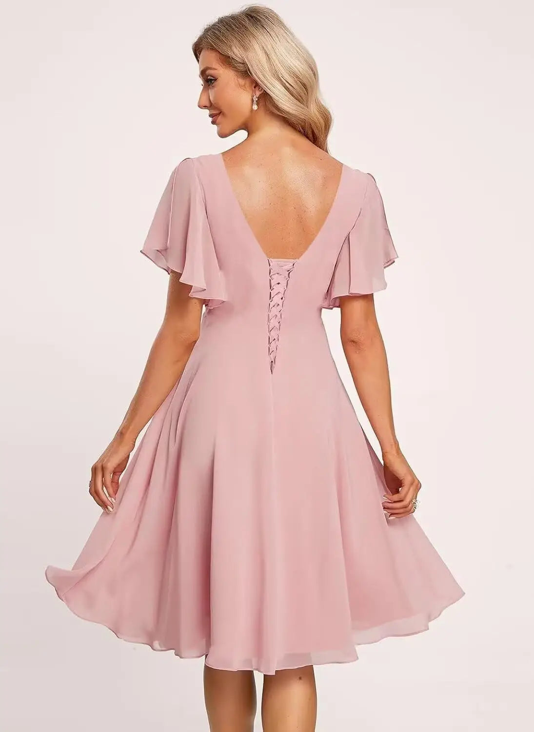 Women's Pleated Chiffon Flutter Sleeves Junior Bridesmaid Dresses with Pockets V Neck Short Formal Dress Wedding Party Gowns