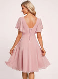 Women's Pleated Chiffon Flutter Sleeves Junior Bridesmaid Dresses with Pockets V Neck Short Formal Dress Wedding Party Gowns