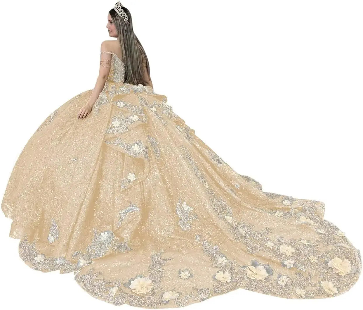 Gold Appliques Quinceanera Dresses with Train Spaghetti Strap Lace Sweet 16 Dresses Layered Ruffles Beaded Ball Gown