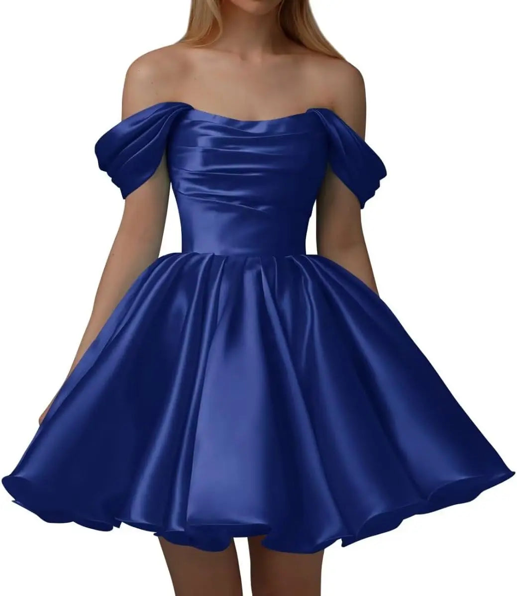 Vestidos de fiesta de satén con hombros descubiertos para mujer, corte A, cortos, plisados, sin tirantes, para boda y fiesta. 