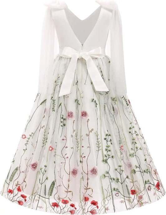 Flower Girl Maxi Dress Wedding Formal Bridesmaid Floral Embroidered Tulle Skirt Princess Pageant First Communion Gown