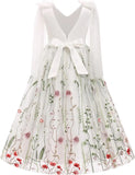 Flower Girl Maxi Dress Wedding Formal Bridesmaid Floral Embroidered Tulle Skirt Princess Pageant First Communion Gown