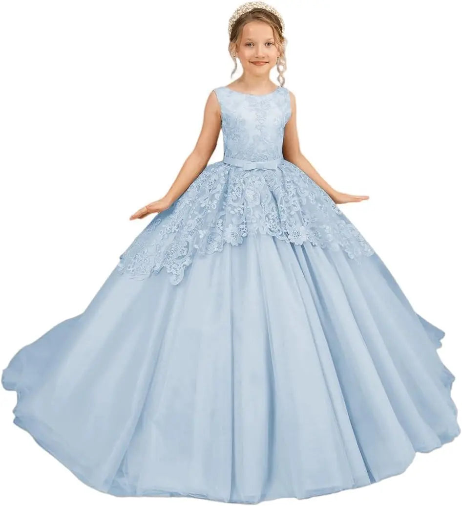Tüll-Blumenmädchenkleid für Hochzeit, Spitzenapplikationen, bestickt, Prinzessin, Kinderfestzug, Geburtstagsparty, Festzugskleider für Mädchen 