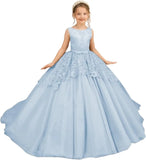 Tüll-Blumenmädchenkleid für Hochzeit, Spitzenapplikationen, bestickt, Prinzessin, Kinderfestzug, Geburtstagsparty, Festzugskleider für Mädchen 