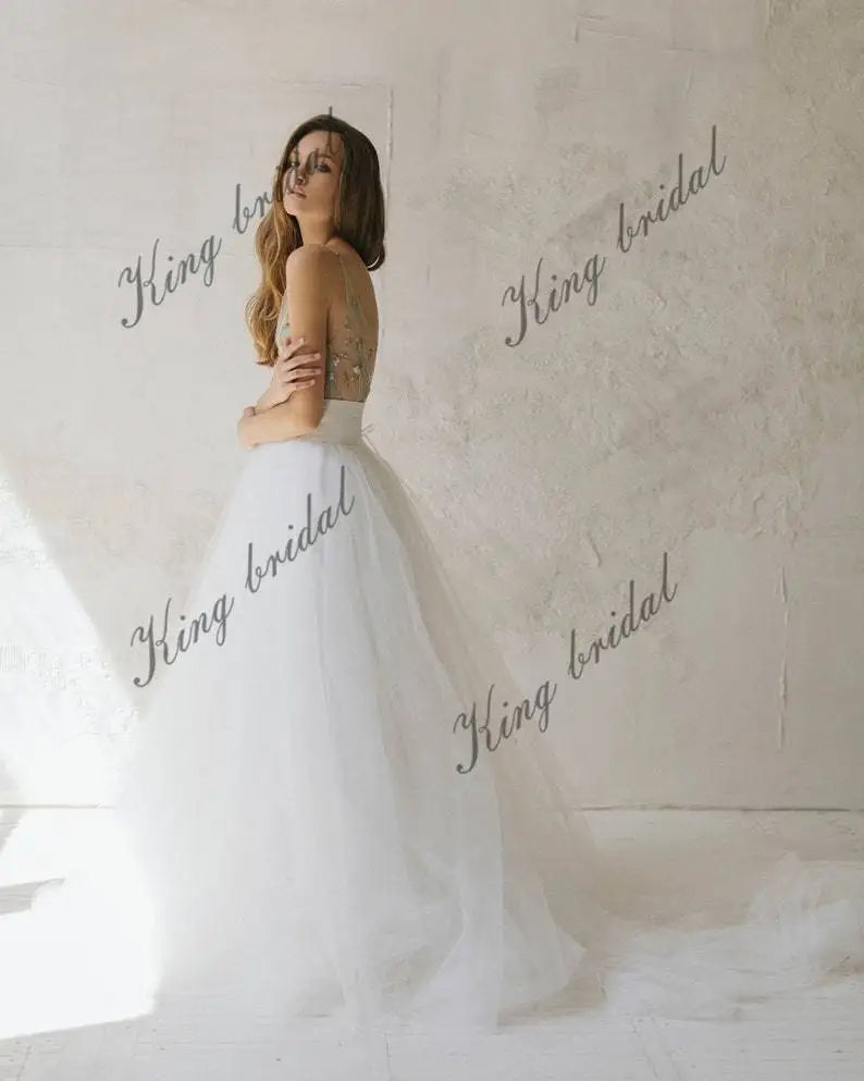 Vestido de novia de tul bordado, vestido de novia bohemio, vestido de novia de dos piezas, vestido de novia sencillo 
