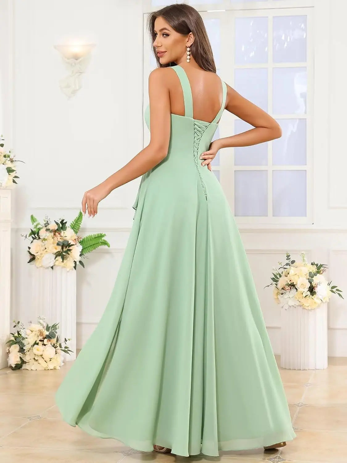 Chiffon Ruffle Bridesmaid Dresses for Women Square Neck Formal Evening Dress with Slit elegant dress women for wedding party
