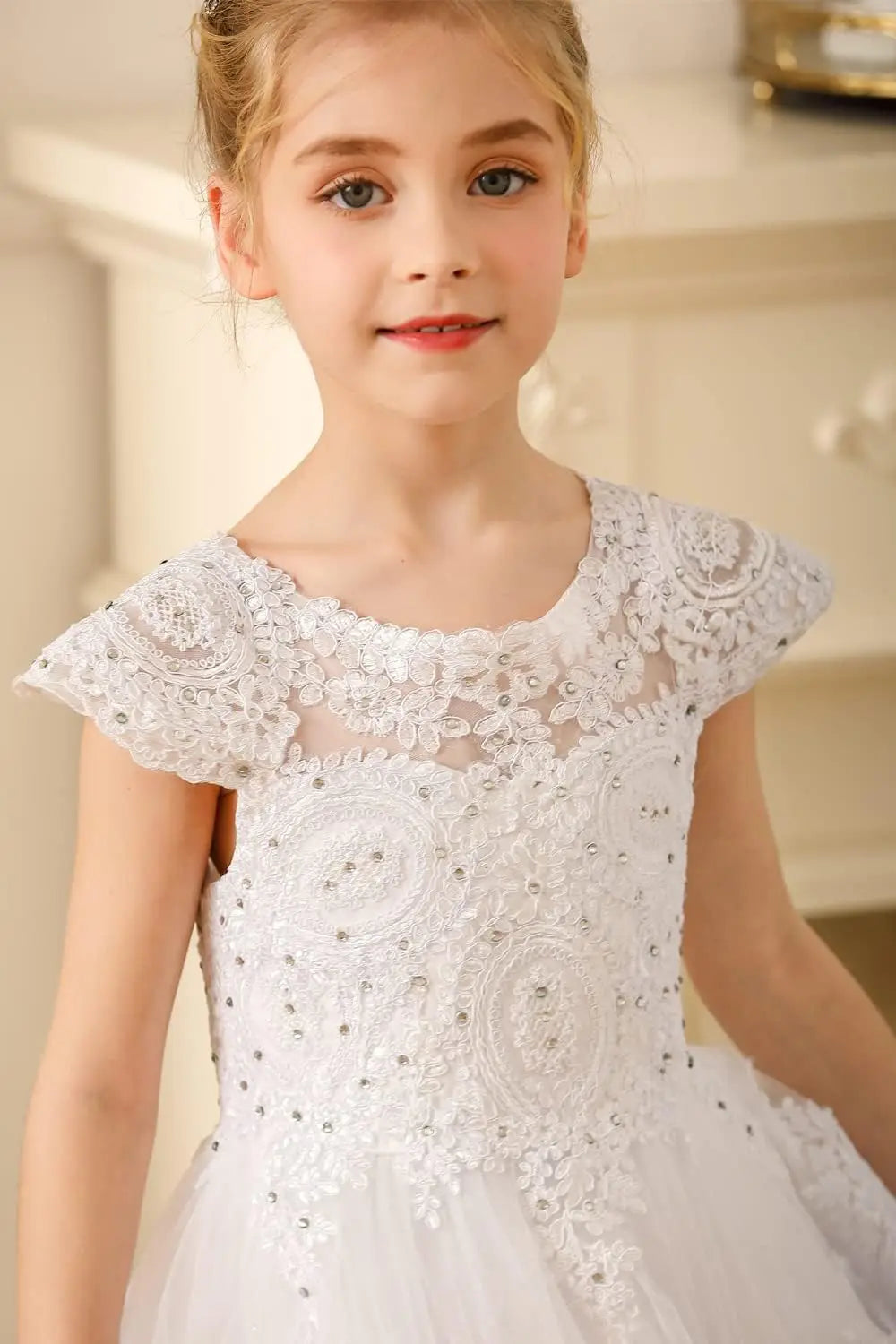Perlenbesetzte Spitzenapplikationen Blumenmädchenkleid Erstkommunion Ballkleid Kinder Festzug Ballkleider Prinzessinnenkleid 