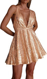 Vestido de lentejuelas para mujer, con tirantes finos, sexy, escote en V profundo, sin espalda, con purpurina, para fiesta, club, estilo patinador, minivestido de cóctel 