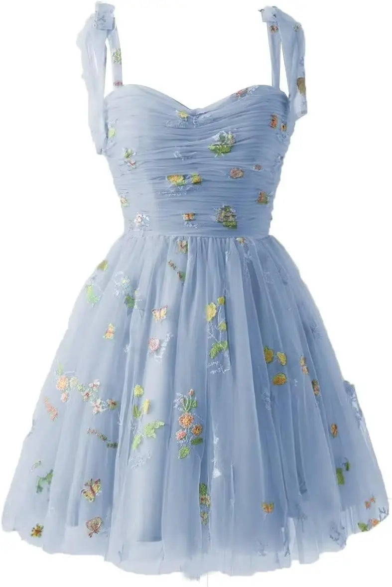 Vestidos cortos de fiesta para adolescentes con bordado de flores, tul, tirantes finos, largo hasta la rodilla, con margaritas y estampado floral. 